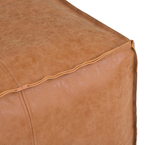 Square Pouf Ottoman – 18" x 14" Vegan Leather, Distressed Brown