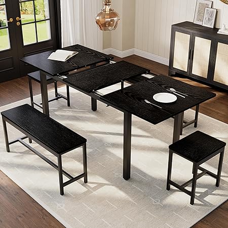 5-Piece Extendable Dining Table Set with Benches and Stools