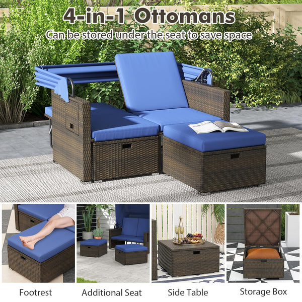 Outdoor Rattan Daybed with Retractable Canopy & Adjustable Backrests