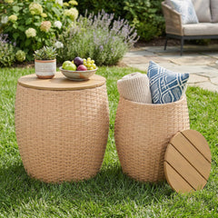 Wicker Round Patio Side Table Set of 2 with Storage