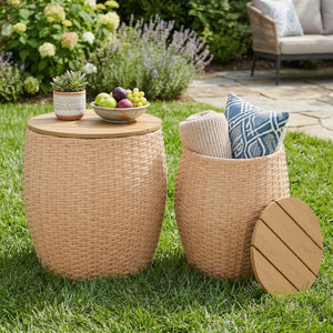 Wicker Round Patio Side Table Set of 2 with Storage