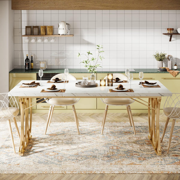 63" Rectangular Dining Table for 4–6 | Faux Marble Top & Gold Metal Legs