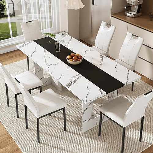 7-Piece Dining Table & Chairs Set – 71" Rectangle Table with 6 Upholstered Chairs