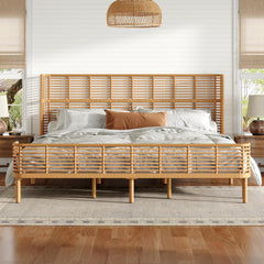 Boho Rattan Platform Bed Frame with Wingback Headboard