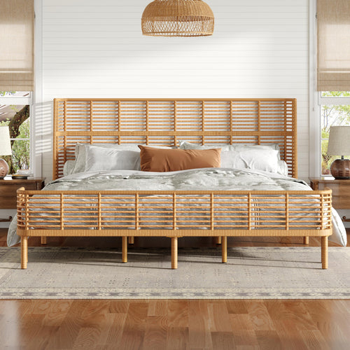 Boho Rattan Platform Bed Frame with Wingback Headboard