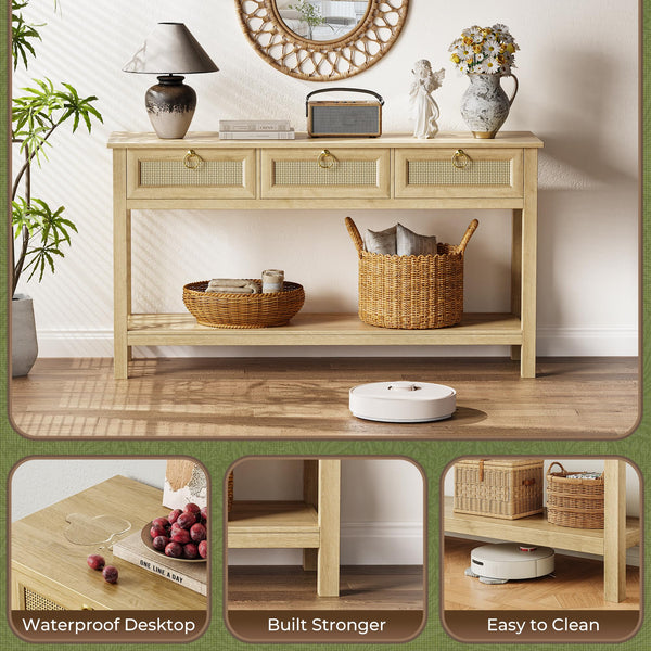 Rattan Console Table with Charging Station & 3 Drawers