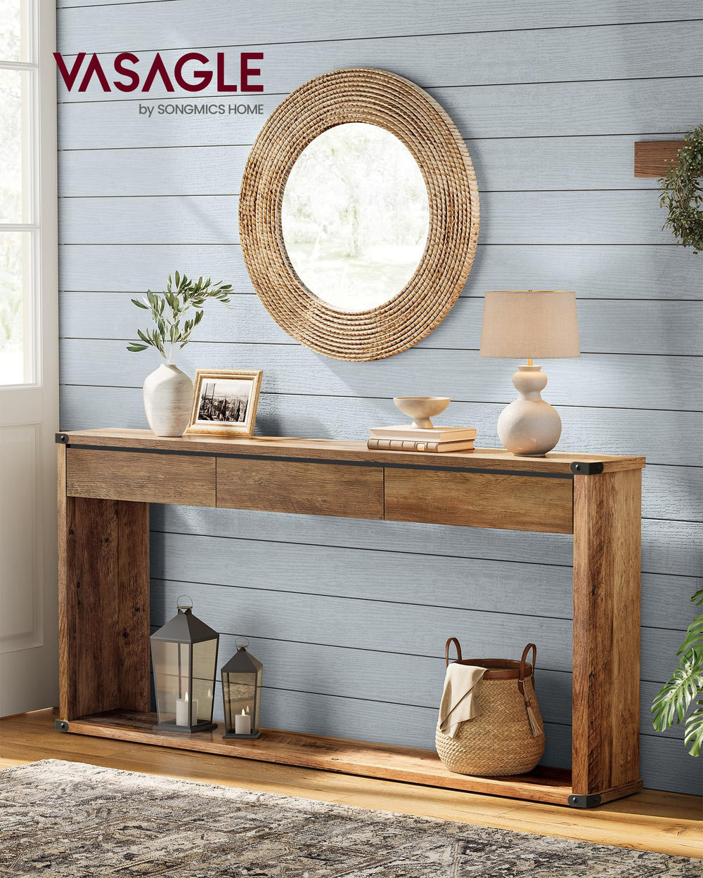 Console Table with 3 Drawers & Bottom Shelf – Farmhouse Style