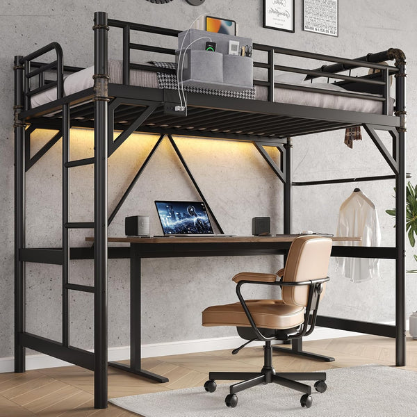 Twin Loft Bed with LED Lights & Charging Station