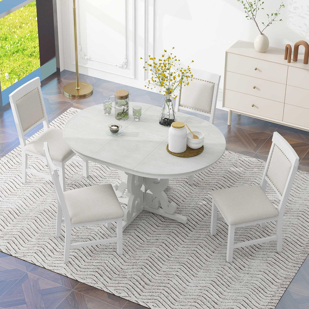 Extendable Round Dining Table Set for 4-6 with Upholstered Chairs