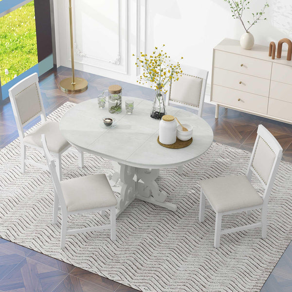 Extendable Round Dining Table Set for 4-6 with Upholstered Chairs