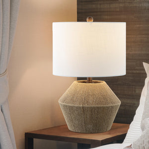 Brown Rope Coastal Rustic Table Lamp with White Linen Drum Shade