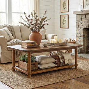 Solid Wood Rectangle Coffee Table with 2-Tier Storage