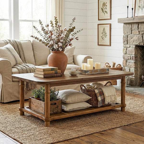 Solid Wood Rectangle Coffee Table with 2-Tier Storage