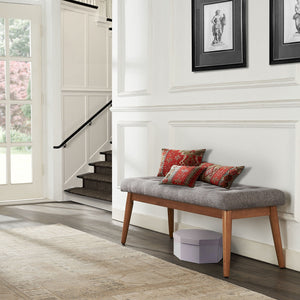 Mid-Century Wood Dining Bench with Tufted Cushion