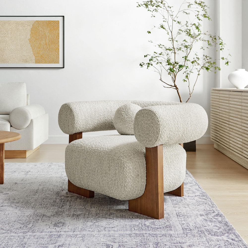 Boucle Accent Armchair with Pillow & Wood Legs