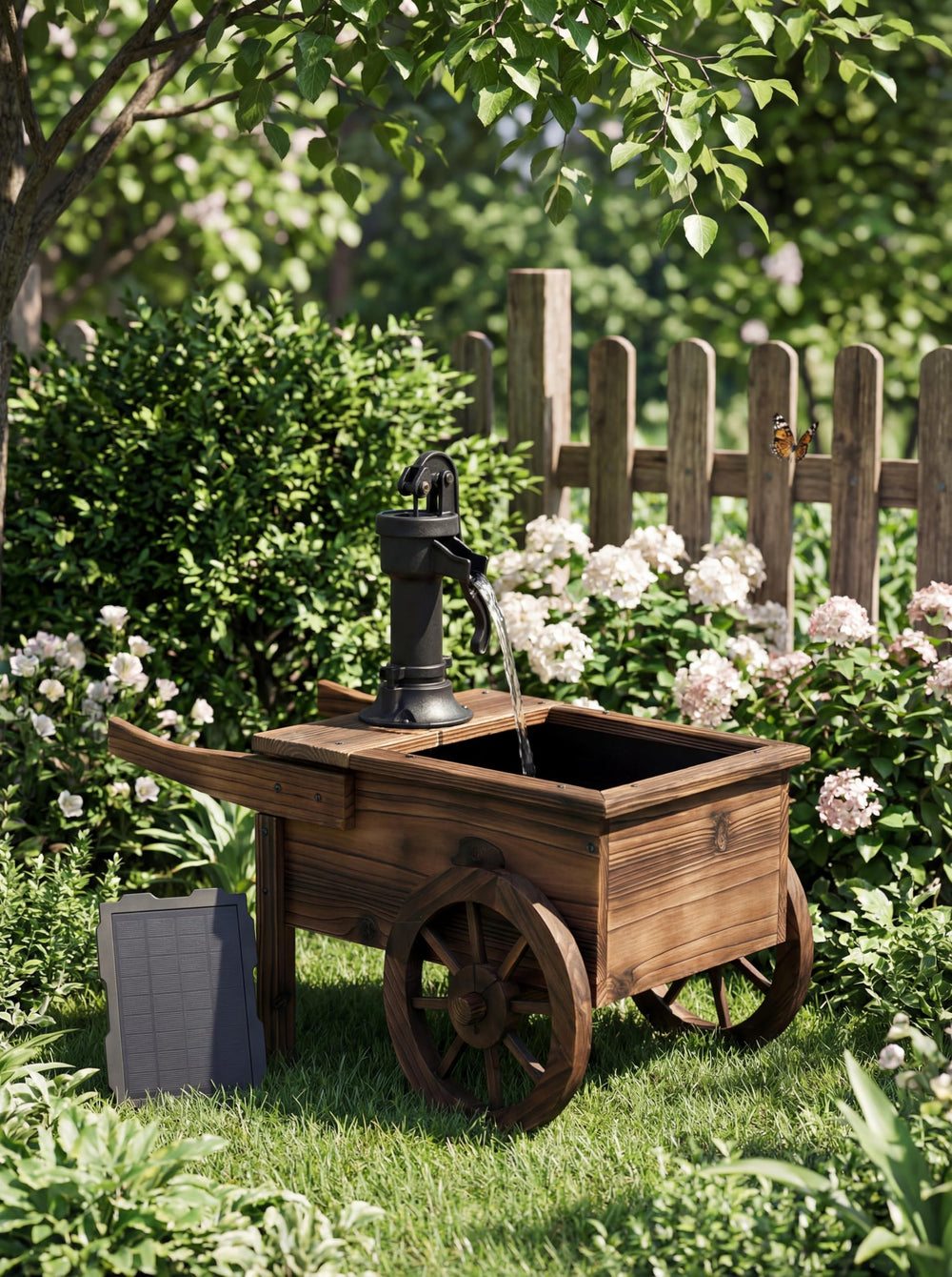 Solar-Powered Wood Outdoor Fountain with Hand Pump Cart Design
