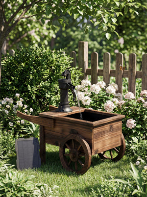 Solar-Powered Wood Outdoor Fountain with Hand Pump Cart Design