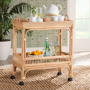 2-Tier Natural Rattan Wine Cart with Caster Wheels