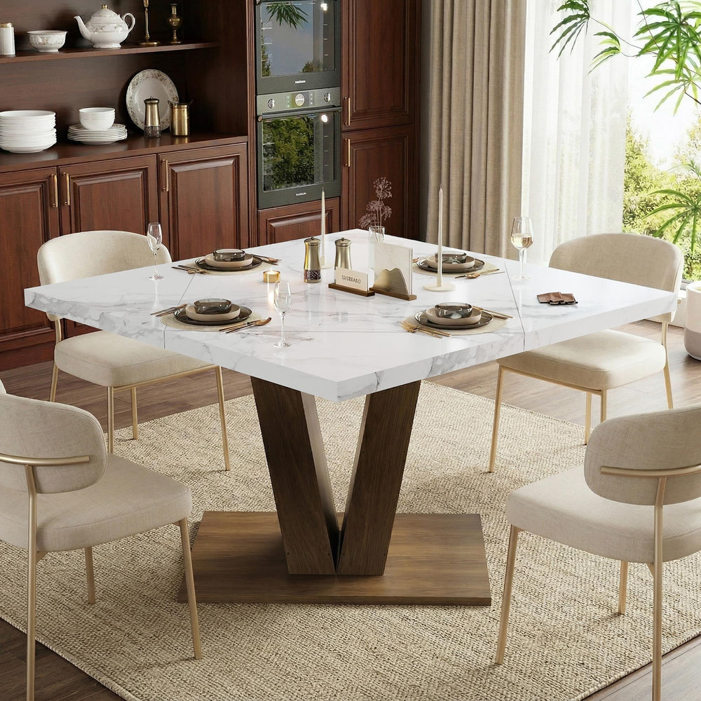 Round Extendable Dining Table with Marble Top – Walnut