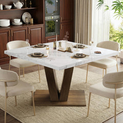 Round Extendable Dining Table with Marble Top – Walnut