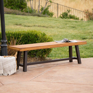 Outdoor Acacia Wood and Rustic Metal Bench