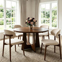 47" Round Dining Table Set for 4 — Walnut & Camel Upholstered Chairs