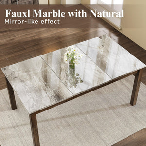 7-Piece Farmhouse Dining Table Set with Faux Marble Top & Cushioned Chairs