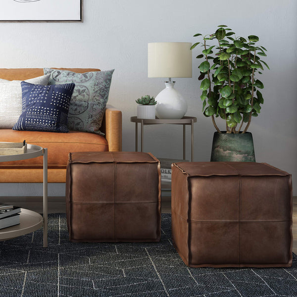 Square Pouf Ottoman – 18" x 18" x 14" | Vegan Leather | Distressed Dark Brown