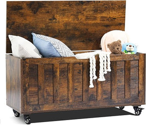 Wooden Storage Bench with Wheels & Safety Hinges – 300 lbs Capacity