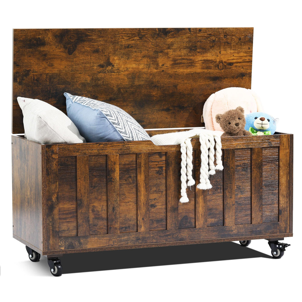 Wooden Storage Bench with Wheels & Safety Hinges
