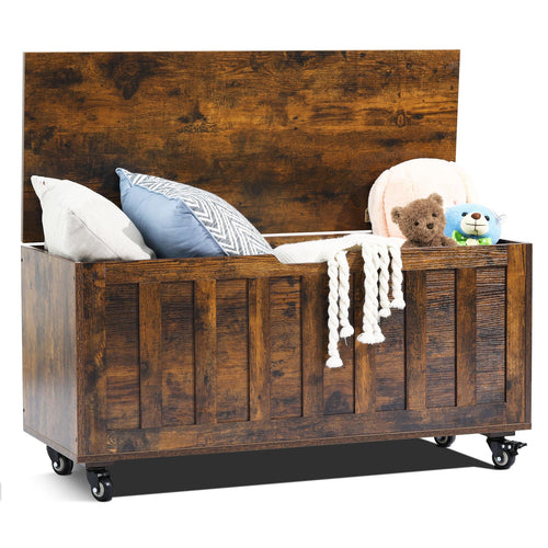 Wooden Storage Bench with Wheels & Safety Hinges