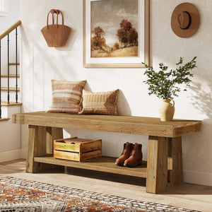 Solid Wood Entryway Bench with Open Shelves