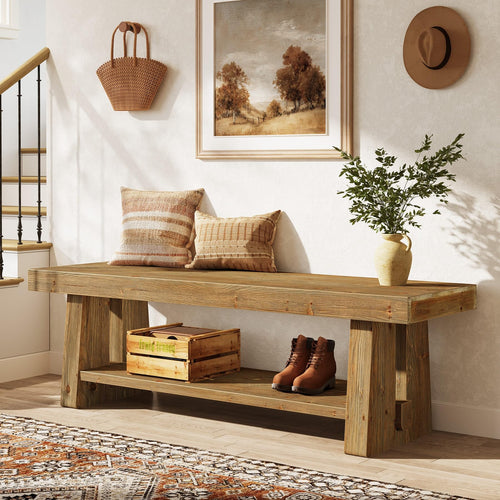 Solid Wood Entryway Bench with Open Shelves
