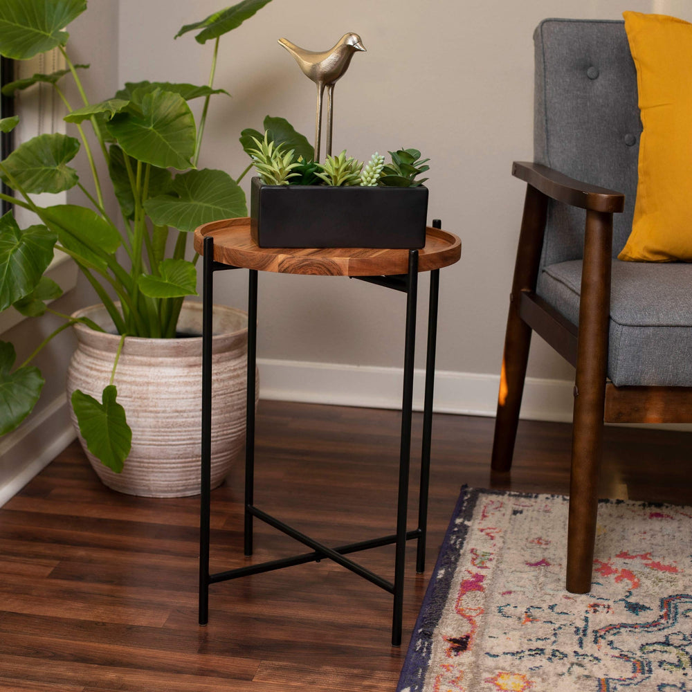 Folding Side Table with Removable Acacia Wood Tray