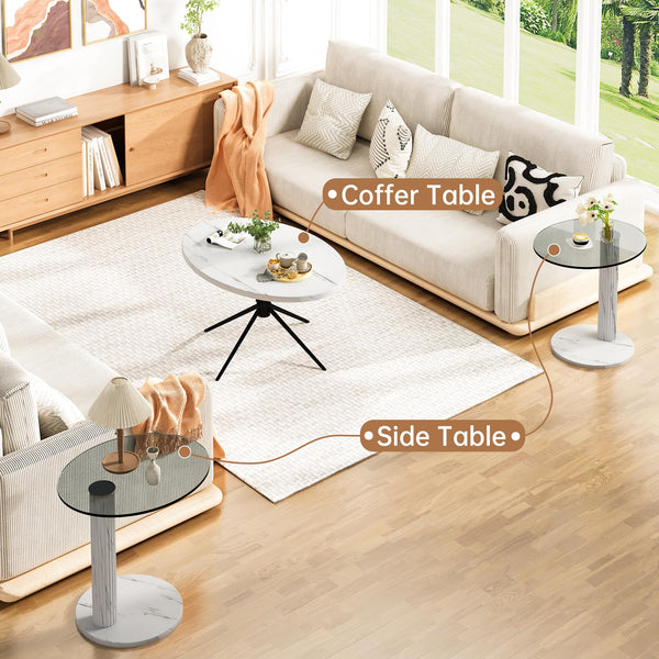 Oval Coffee Table Set of 2 - Faux Marble & Tempered Glass Top