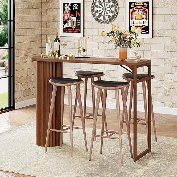 55" Fluted Wood Bar Table with Metal Frame