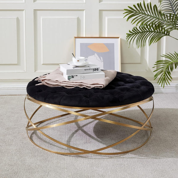 Round Velvet Tufted Ottoman with Gold Legs