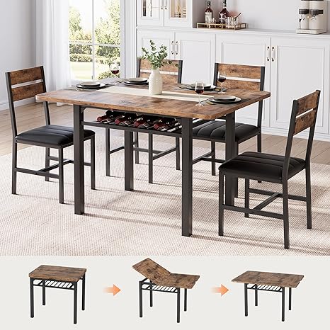 5-Piece Extendable Dining Table Set with PU Leather Chairs & Storage Rack