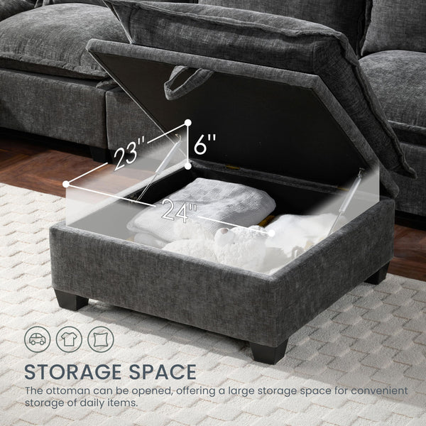 U-Shaped Sectional Sofa with Storage Ottoman – 7-Seat Chenille Couch, Grey
