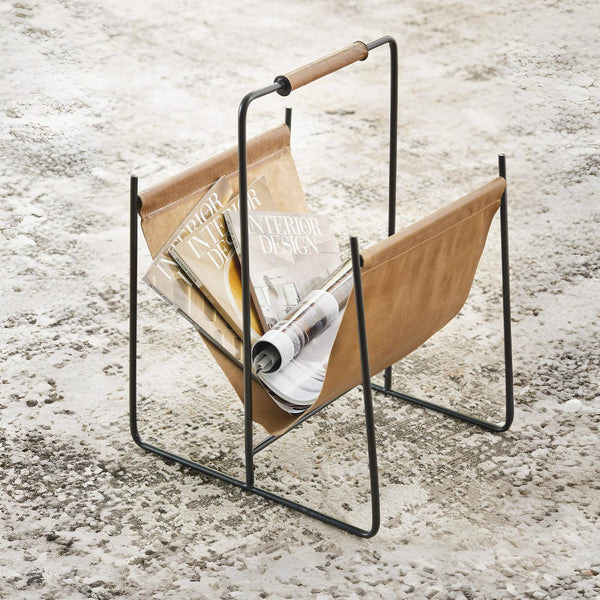 Leather Magazine Rack with Handle – Light Brown & Black