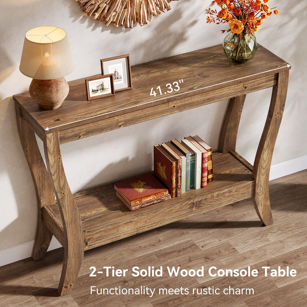 Solid Wood Farmhouse Console Table with 2-Tier Shelf