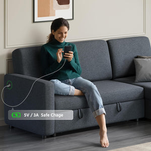 L-Shaped Sleeper Sectional Sofa with Pull-Out Bed, Storage & USB Charging