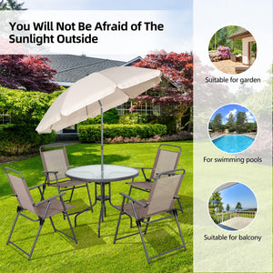 6-Piece Folding Patio Dining Set with Umbrella, Glass Table & 4 Chairs