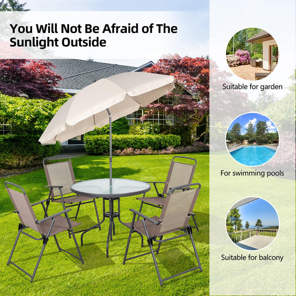 6-Piece Folding Patio Dining Set with Umbrella, Glass Table & 4 Chairs