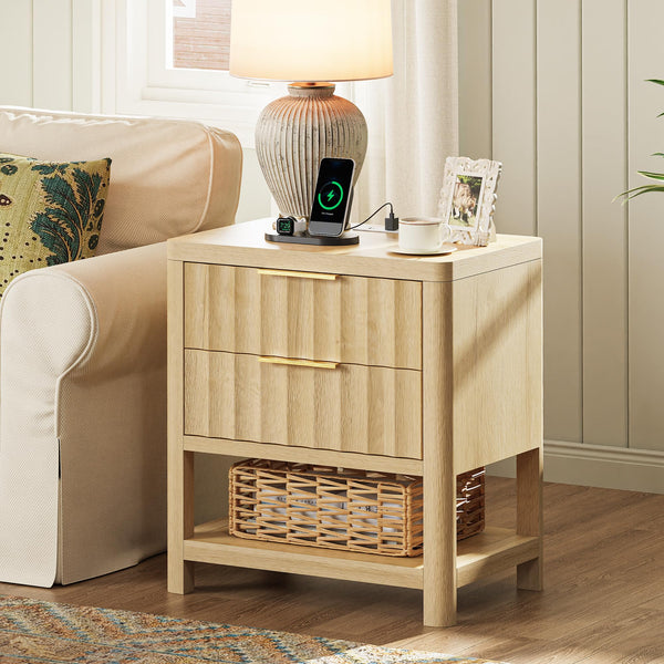Tall Nightstand with Charging Station, USB-C Port, 2 Deep Drawers and Open Shelf – Set of 2