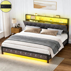 Queen Size Upholstered Bed Frame with LED Lights & Storage Headboard
