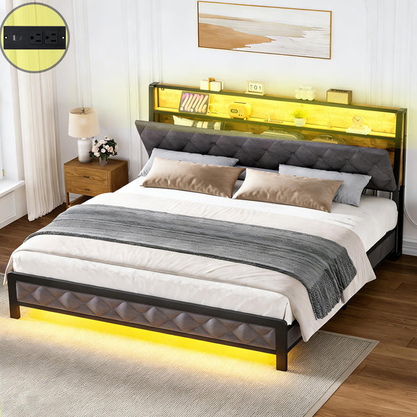 Queen Size Upholstered Bed Frame with LED Lights & Storage Headboard