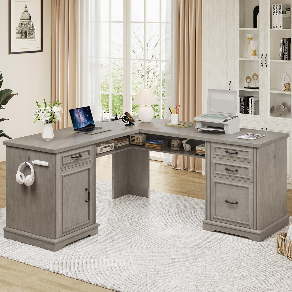 L-Shaped Farmhouse Executive Desk with Drawers & Charging Station