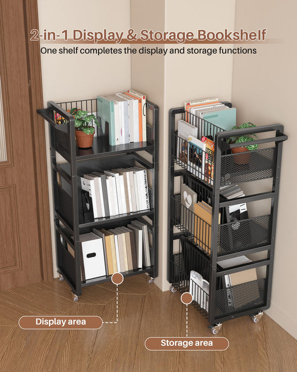 3-Tier Double-Sided Rolling Book Cart with Magnetic Supports