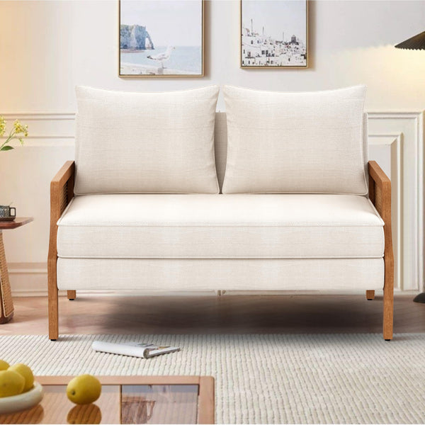 Mid-Century Modern Loveseat with Natural Rattan Arms